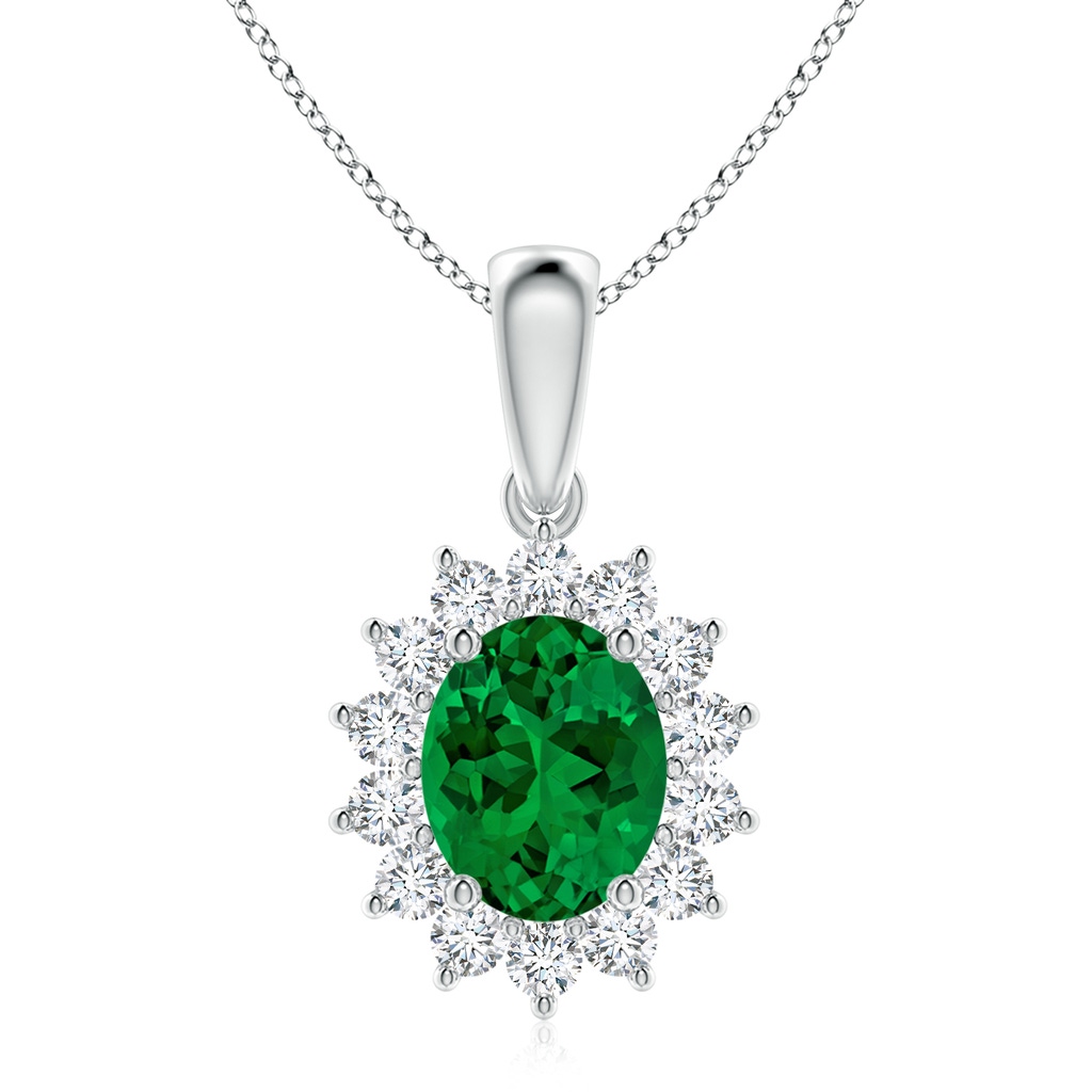 10x8mm Labgrown Lab-Grown Oval Emerald Pendant with Floral Halo in P950 Platinum