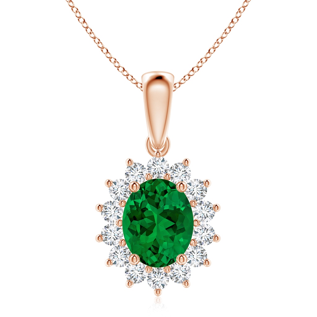 10x8mm Labgrown Lab-Grown Oval Emerald Pendant with Floral Halo in Rose Gold