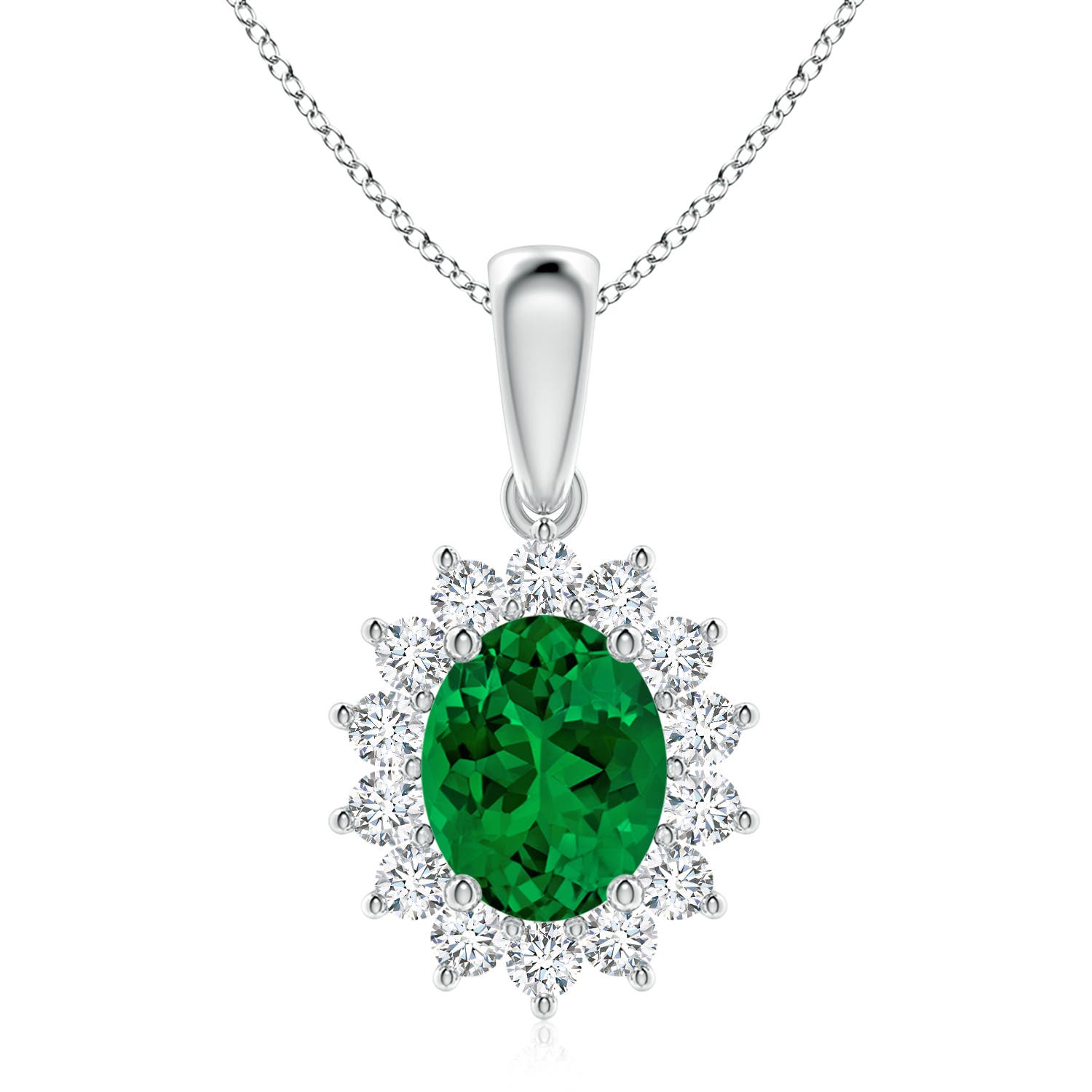 10x8mm Labgrown Lab-Grown Oval Emerald Pendant with Floral Halo in White Gold