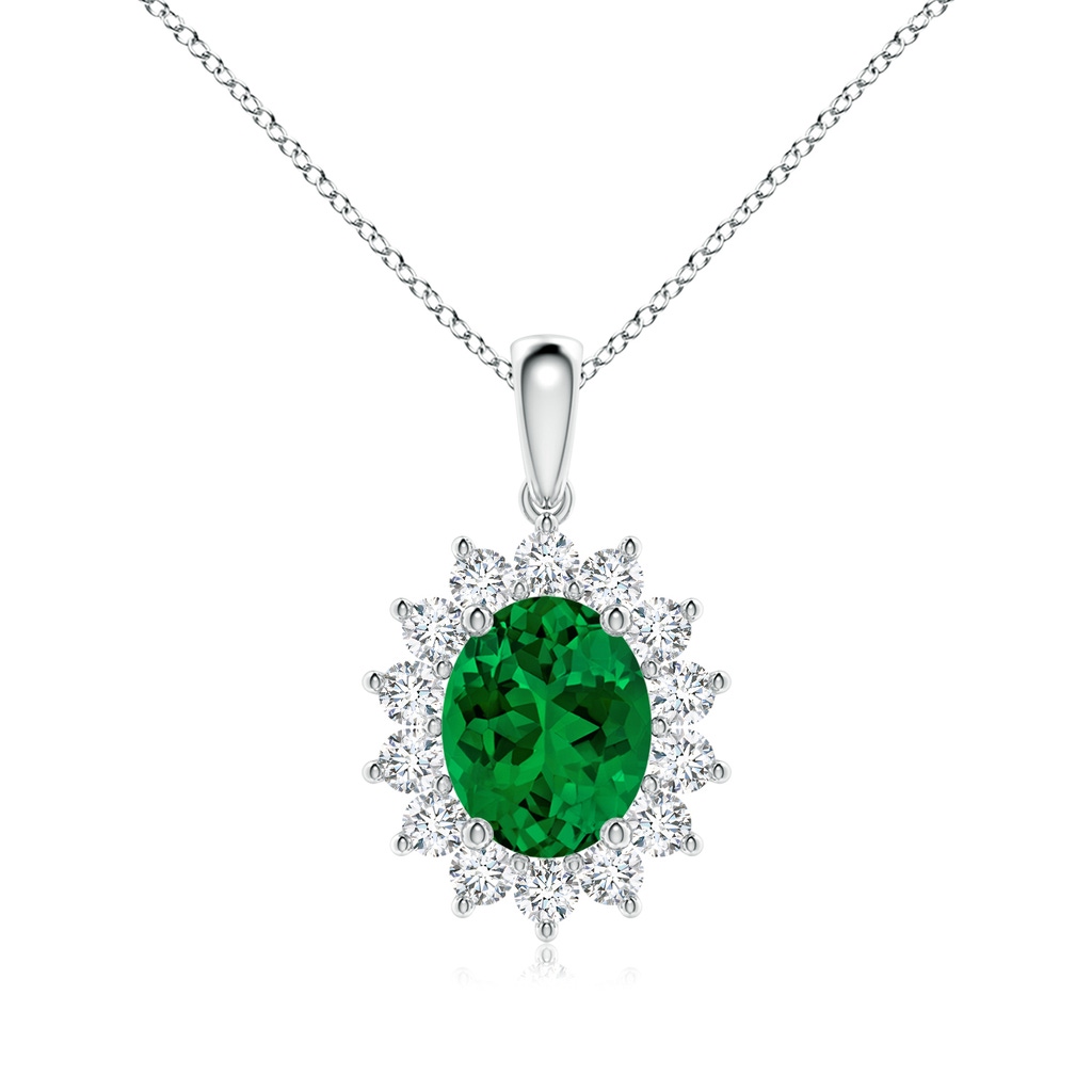 10x8mm Labgrown Lab-Grown Oval Emerald Pendant with Floral Halo in White Gold 