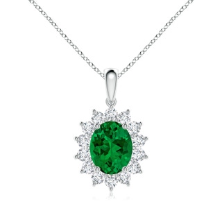10x8mm Labgrown Lab-Grown Oval Emerald Pendant with Floral Halo in White Gold