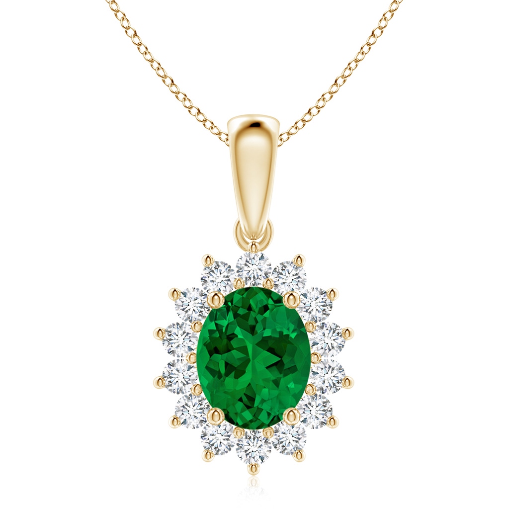 10x8mm Labgrown Lab-Grown Oval Emerald Pendant with Floral Halo in Yellow Gold
