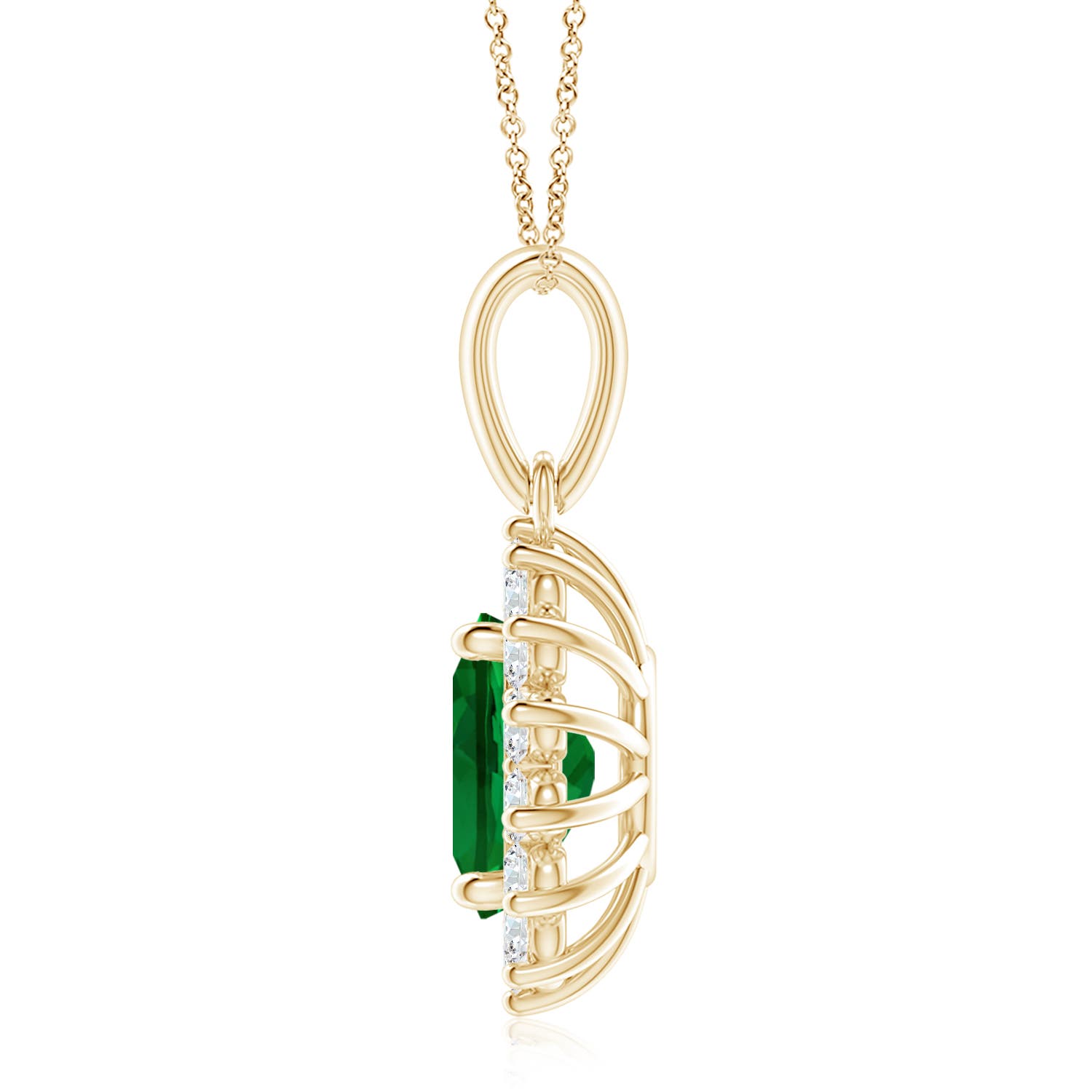 10x8mm Labgrown Lab-Grown Oval Emerald Pendant with Floral Halo in Yellow Gold