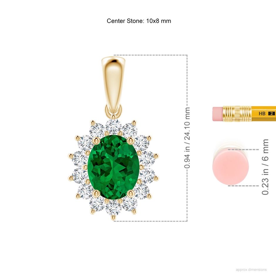 10x8mm Labgrown Lab-Grown Oval Emerald Pendant with Floral Halo in Yellow Gold ruler