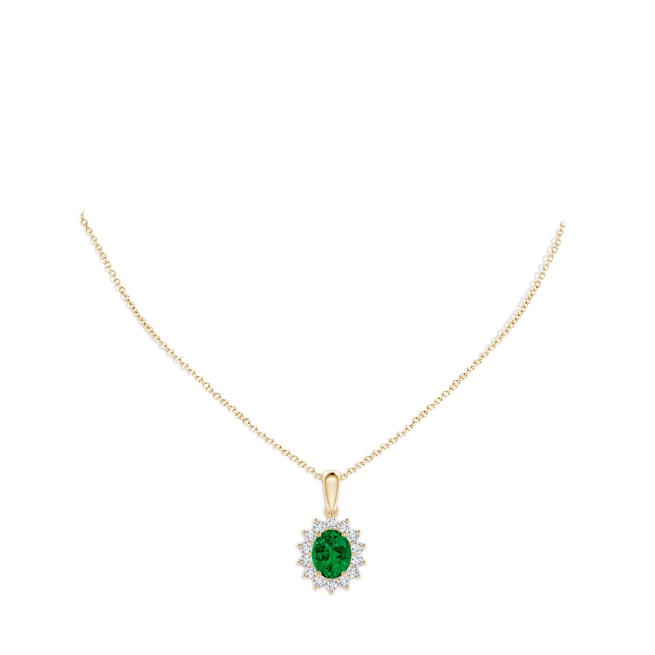 10x8mm Labgrown Lab-Grown Oval Emerald Pendant with Floral Halo in Yellow Gold pen