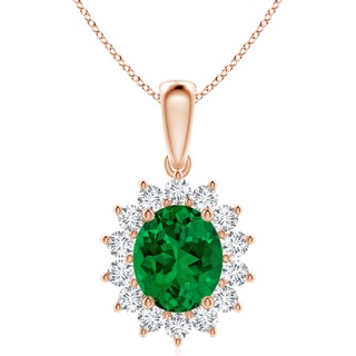 12x10mm Labgrown Lab-Grown Oval Emerald Pendant with Floral Halo in 18K Rose Gold