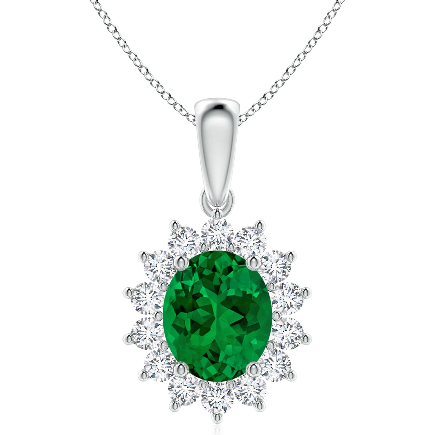 12x10mm Labgrown Lab-Grown Oval Emerald Pendant with Floral Halo in White Gold
