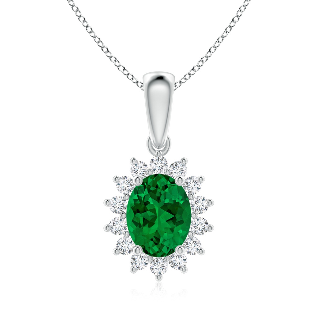 9x7mm Labgrown Lab-Grown Oval Emerald Pendant with Floral Halo in 18K White Gold