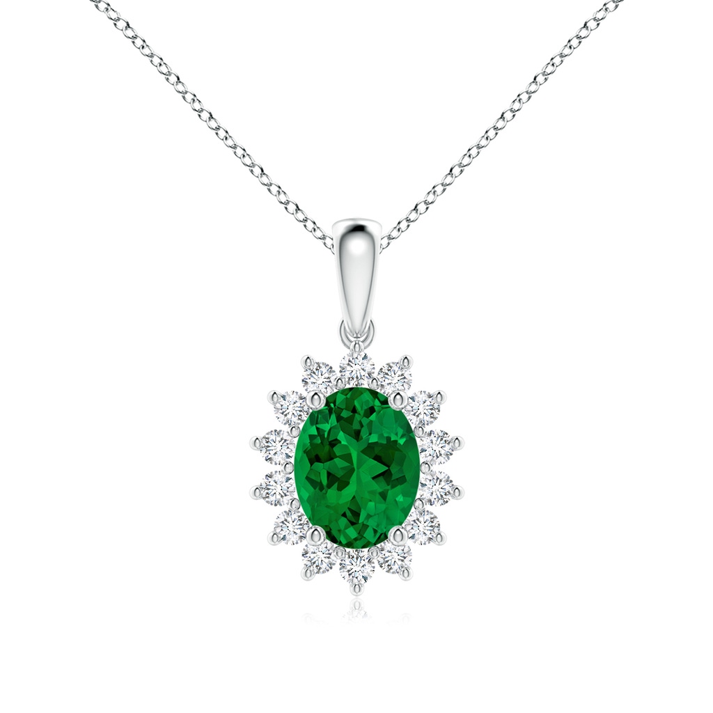 9x7mm Labgrown Lab-Grown Oval Emerald Pendant with Floral Halo in White Gold