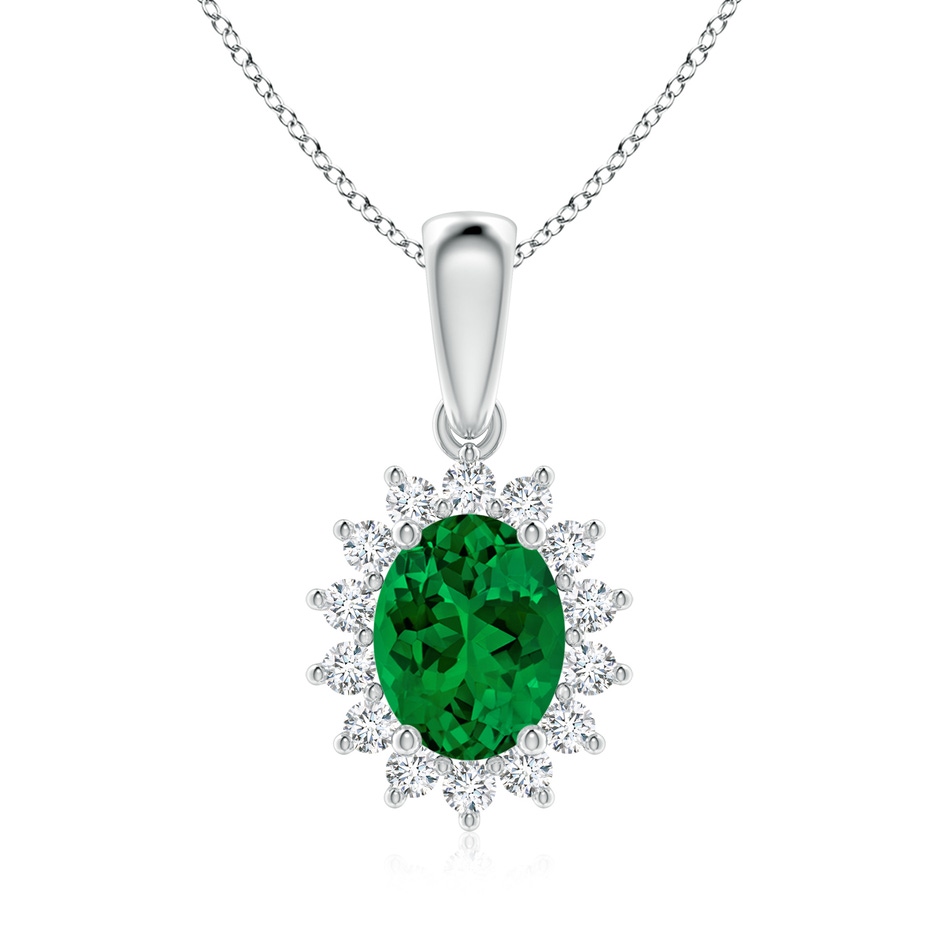 9x7mm Labgrown Lab-Grown Oval Emerald Pendant with Floral Halo in White Gold 