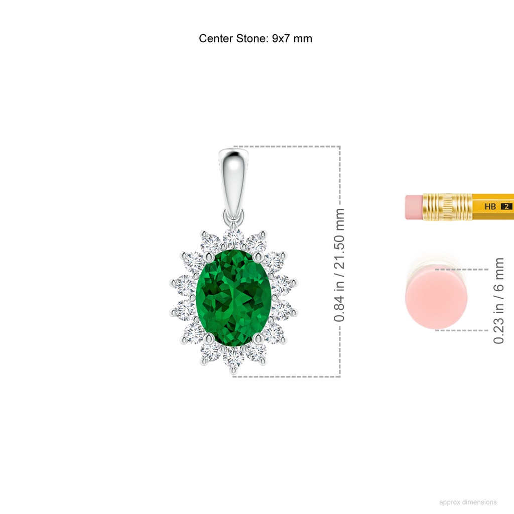 9x7mm Labgrown Lab-Grown Oval Emerald Pendant with Floral Halo in White Gold ruler
