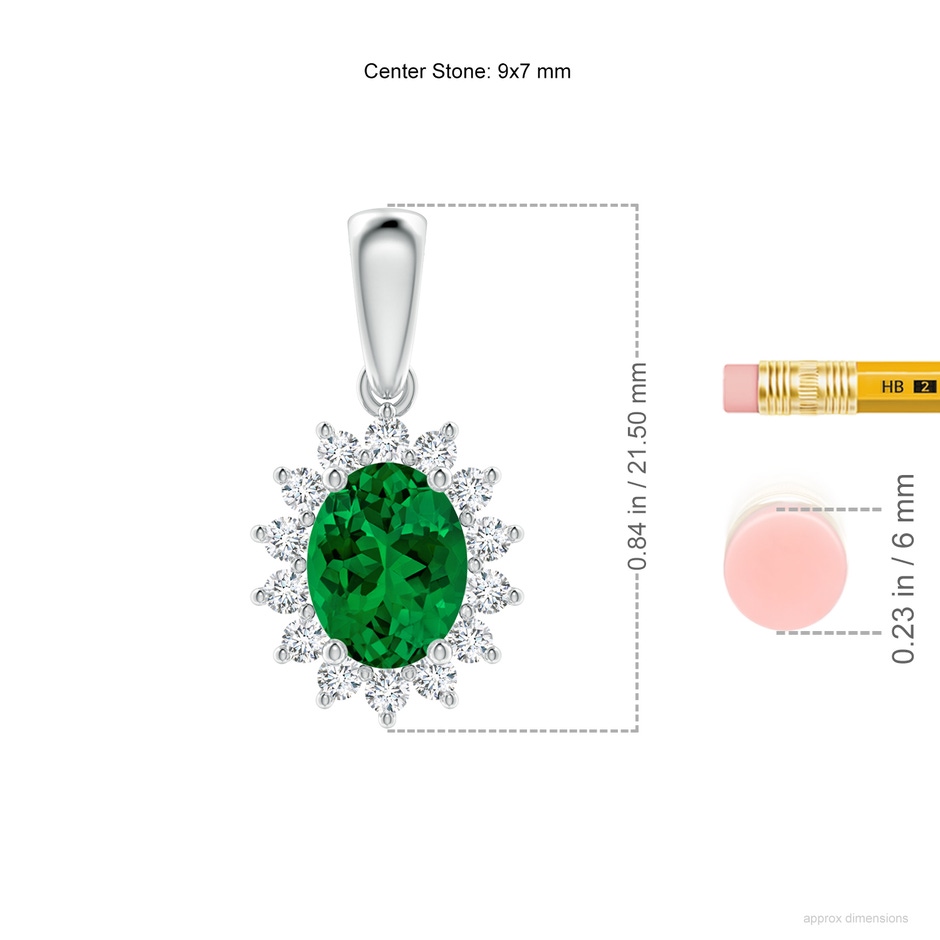 9x7mm Labgrown Lab-Grown Oval Emerald Pendant with Floral Halo in White Gold ruler