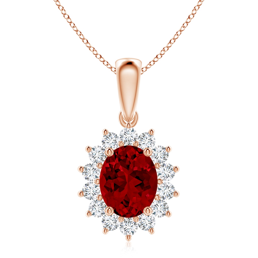 10x8mm Labgrown Lab-Grown Oval Ruby Pendant with Floral Halo in Rose Gold