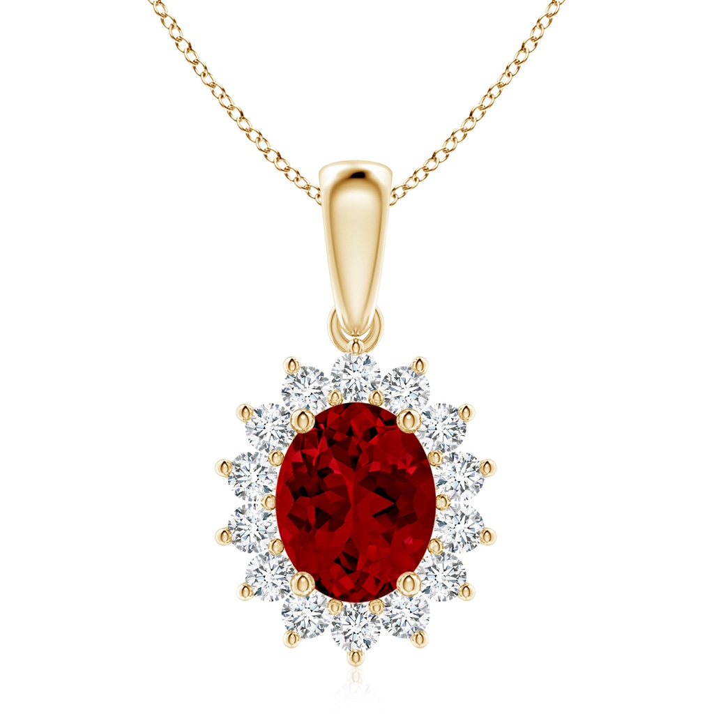 10x8mm Labgrown Lab-Grown Oval Ruby Pendant with Floral Halo in Yellow Gold