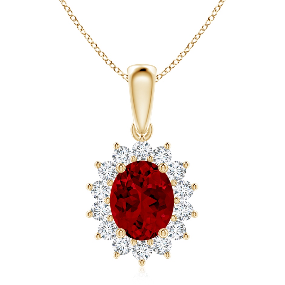 10x8mm Labgrown Lab-Grown Oval Ruby Pendant with Floral Halo in Yellow Gold 