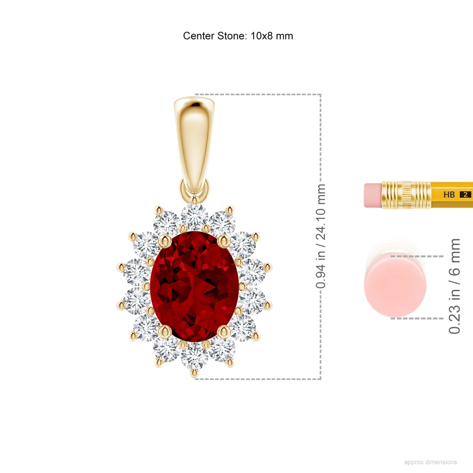 10x8mm Labgrown Lab-Grown Oval Ruby Pendant with Floral Halo in Yellow Gold ruler