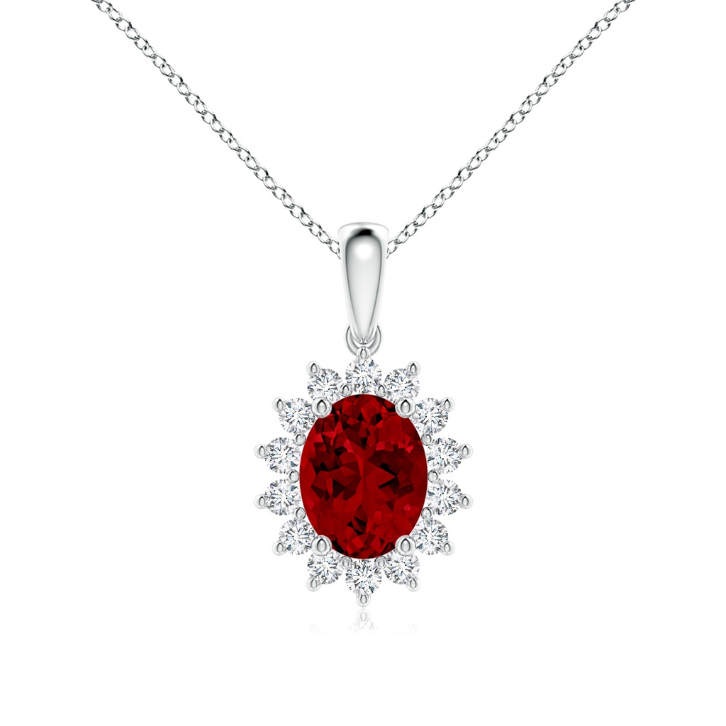 9x7mm Labgrown Lab-Grown Oval Ruby Pendant with Floral Halo in White Gold