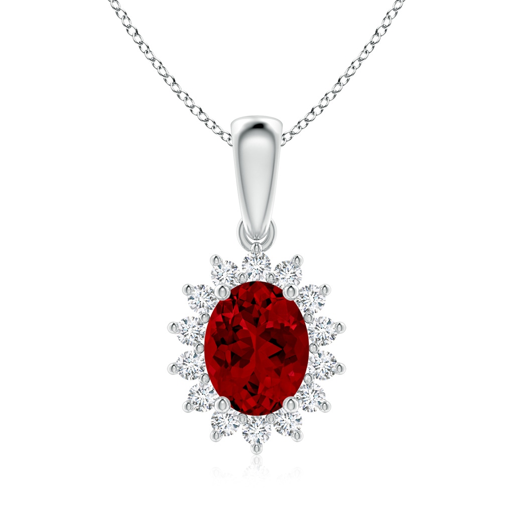 9x7mm Labgrown Lab-Grown Oval Ruby Pendant with Floral Halo in White Gold