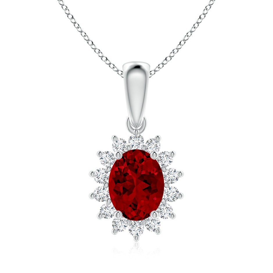 9x7mm Labgrown Lab-Grown Oval Ruby Pendant with Floral Halo in White Gold 