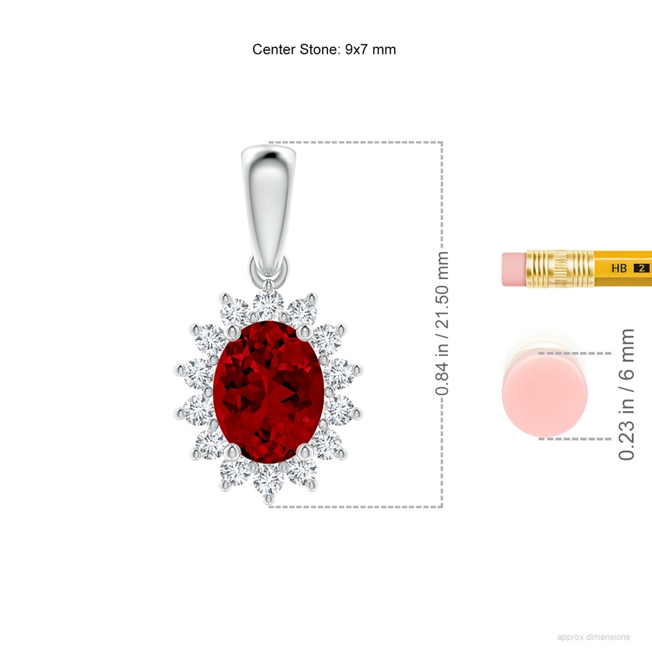 9x7mm Labgrown Lab-Grown Oval Ruby Pendant with Floral Halo in White Gold ruler