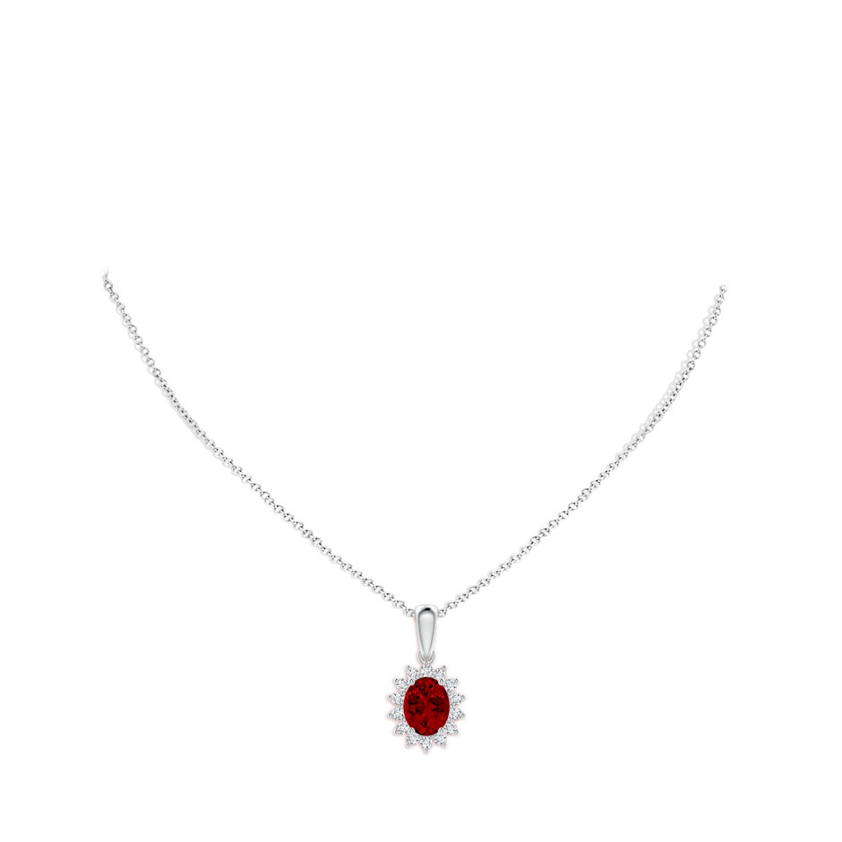 9x7mm Labgrown Lab-Grown Oval Ruby Pendant with Floral Halo in White Gold pen