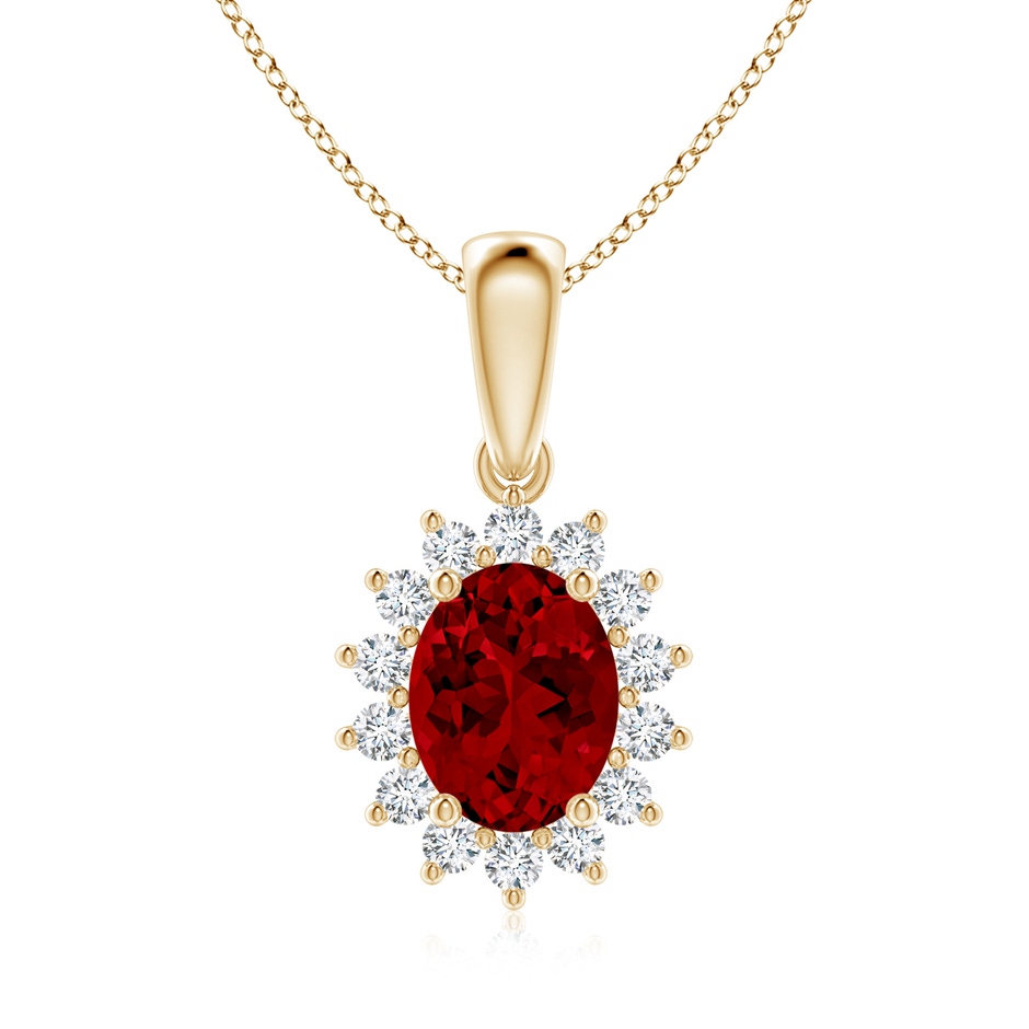 9x7mm Labgrown Lab-Grown Oval Ruby Pendant with Floral Halo in Yellow Gold 