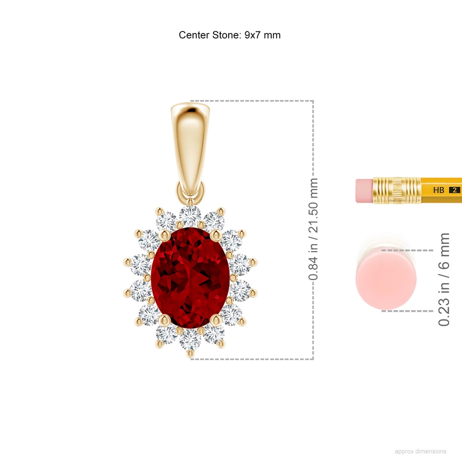 9x7mm Labgrown Lab-Grown Oval Ruby Pendant with Floral Halo in Yellow Gold ruler