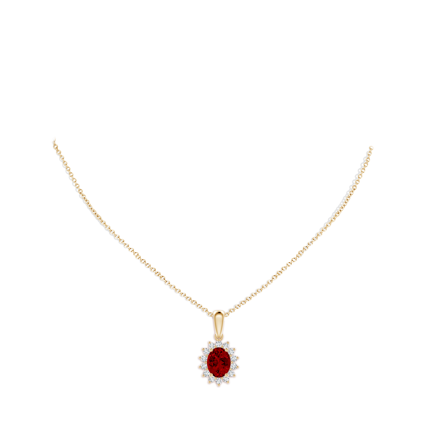 9x7mm Labgrown Lab-Grown Oval Ruby Pendant with Floral Halo in Yellow Gold - body_neck