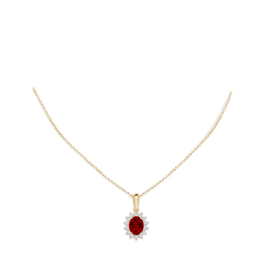 9x7mm Labgrown Lab-Grown Oval Ruby Pendant with Floral Halo in Yellow Gold pen