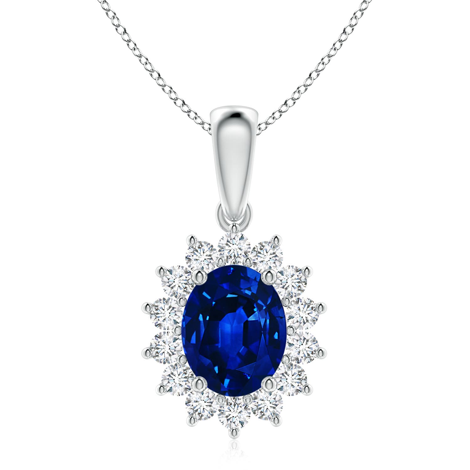 10x8mm Labgrown Lab-Grown Oval Blue Sapphire Pendant with Floral Halo in 18K White Gold