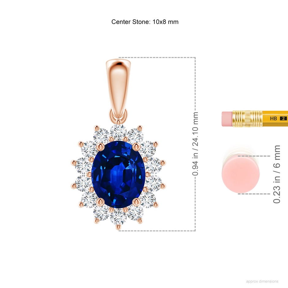 10x8mm Labgrown Lab-Grown Oval Blue Sapphire Pendant with Floral Halo in Rose Gold ruler