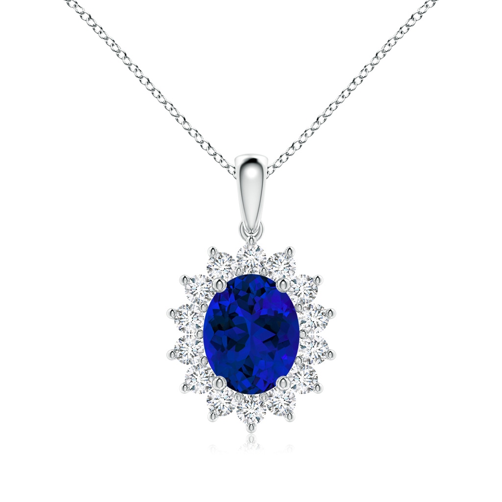 10x8mm Labgrown Lab-Grown Oval Blue Sapphire Pendant with Floral Halo in White Gold 