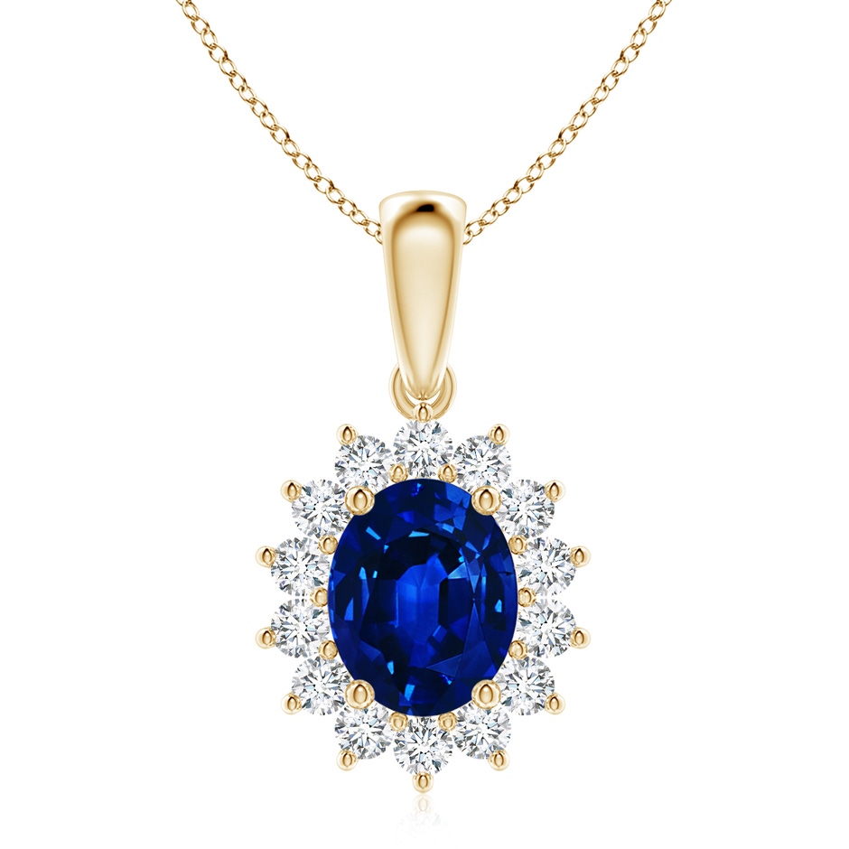 10x8mm Labgrown Lab-Grown Oval Blue Sapphire Pendant with Floral Halo in Yellow Gold 