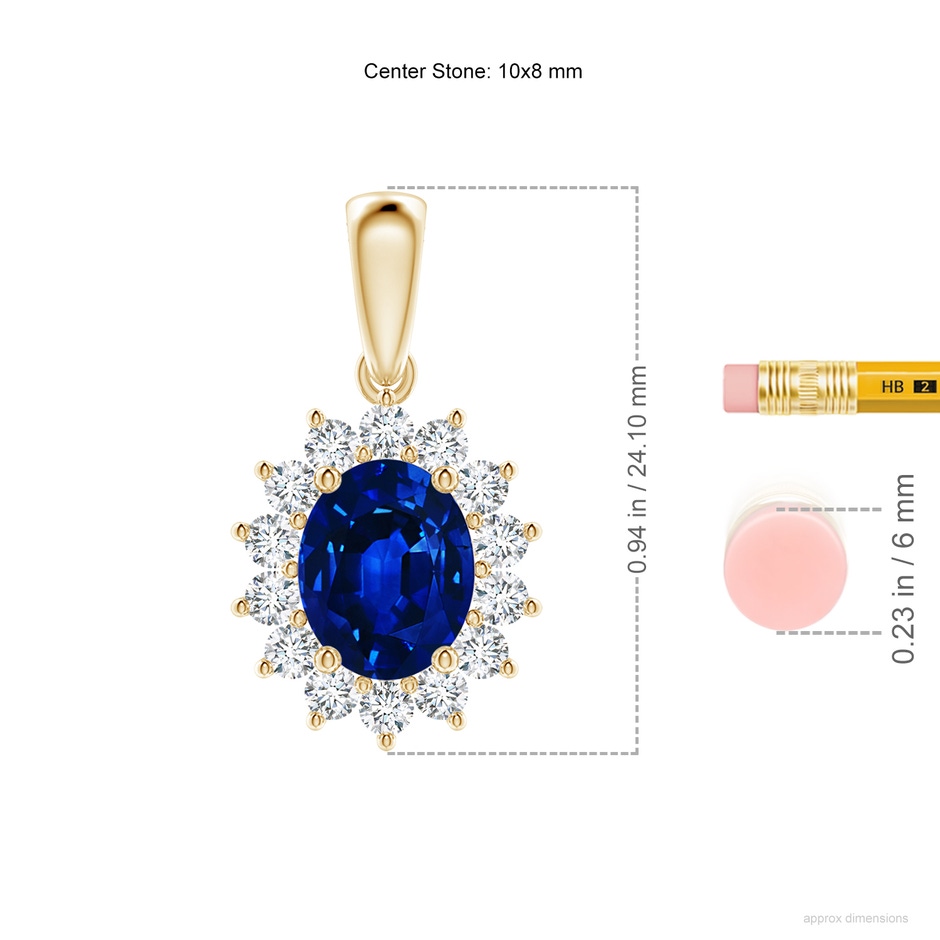 10x8mm Labgrown Lab-Grown Oval Blue Sapphire Pendant with Floral Halo in Yellow Gold ruler