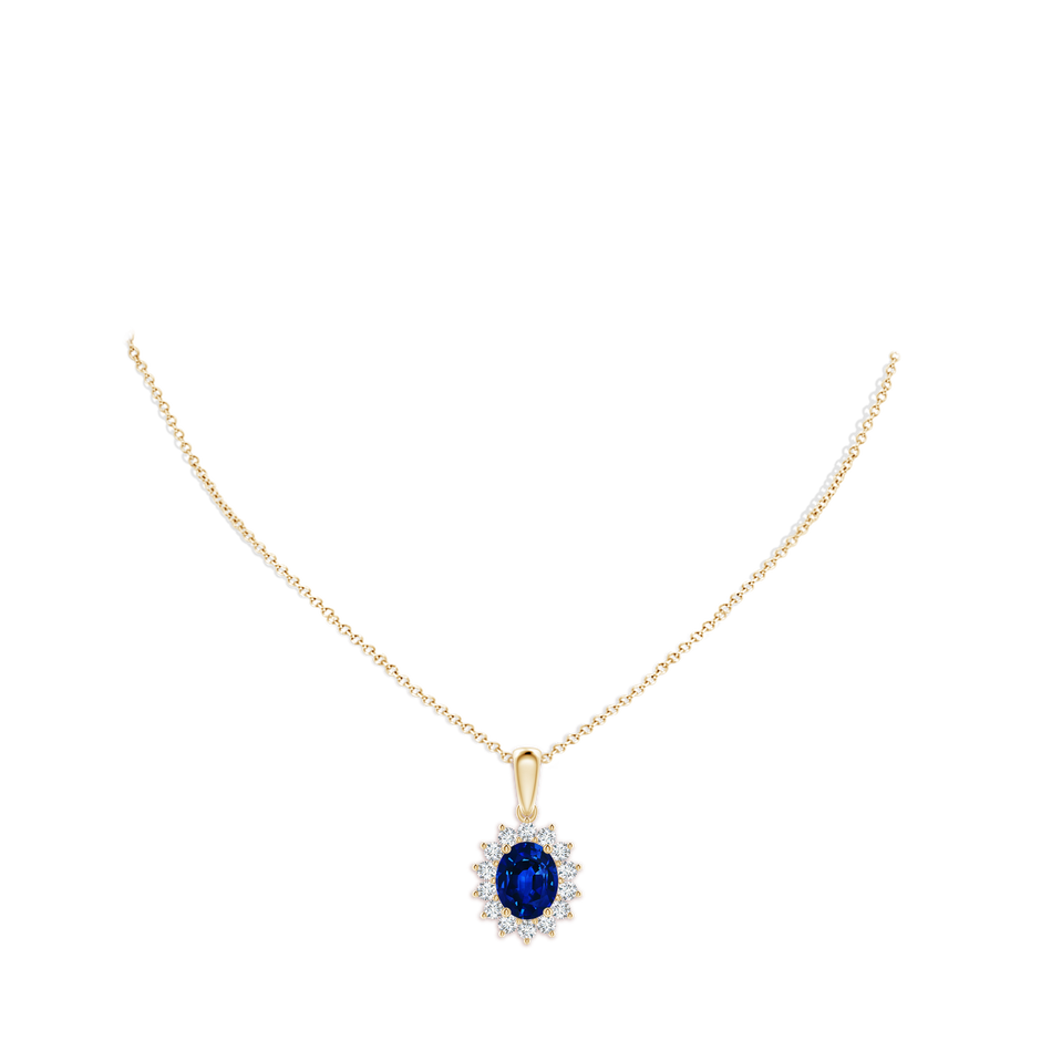 10x8mm Labgrown Lab-Grown Oval Blue Sapphire Pendant with Floral Halo in Yellow Gold pen