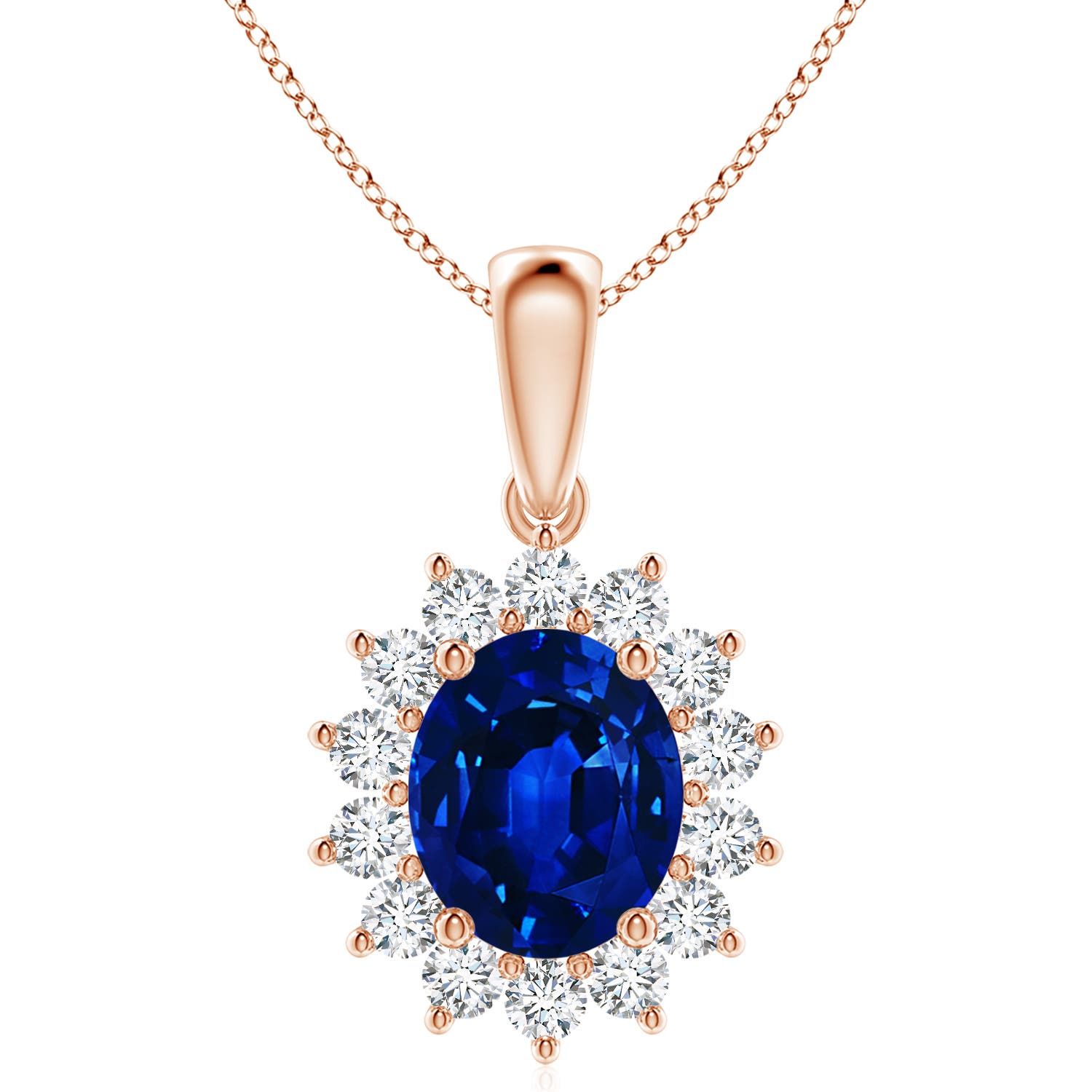 12x10mm Labgrown Lab-Grown Oval Blue Sapphire Pendant with Floral Halo in Rose Gold