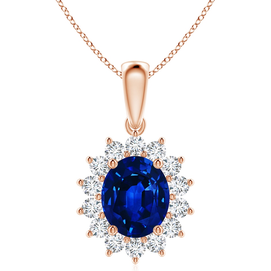 12x10mm Labgrown Lab-Grown Oval Blue Sapphire Pendant with Floral Halo in Rose Gold 