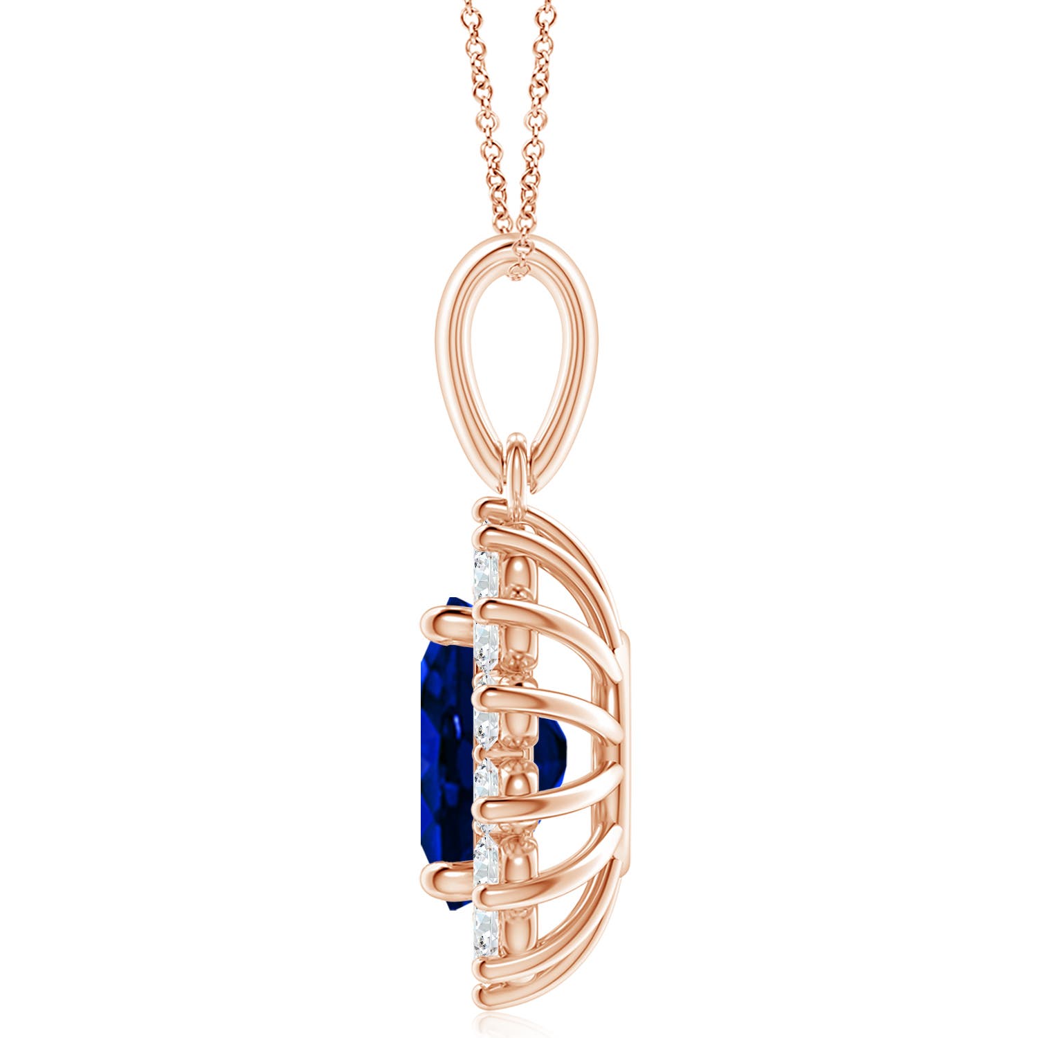 12x10mm Labgrown Lab-Grown Oval Blue Sapphire Pendant with Floral Halo in Rose Gold