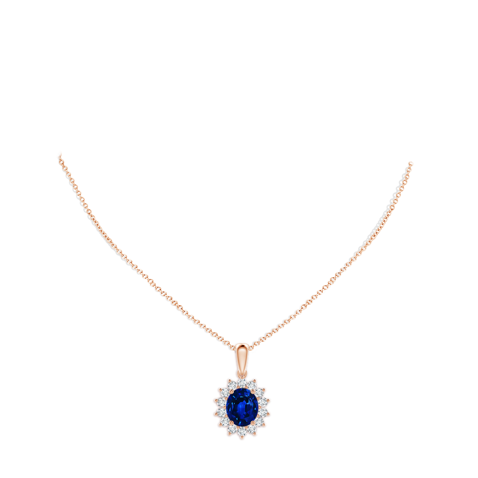 12x10mm Labgrown Lab-Grown Oval Blue Sapphire Pendant with Floral Halo in Rose Gold pen