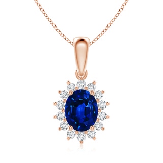 9x7mm Labgrown Lab-Grown Oval Blue Sapphire Pendant with Floral Halo in 9K Rose Gold