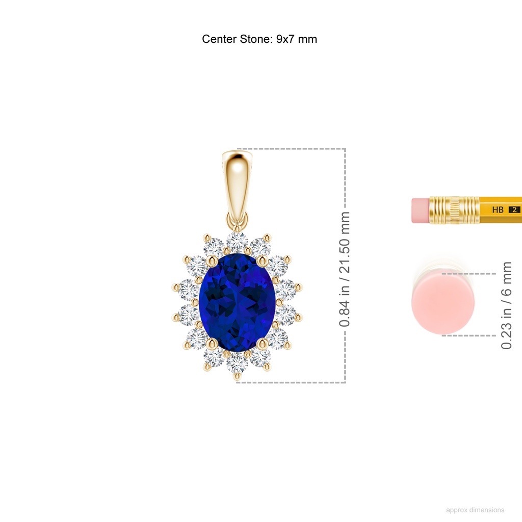 9x7mm Labgrown Lab-Grown Oval Blue Sapphire Pendant with Floral Halo in Yellow Gold ruler
