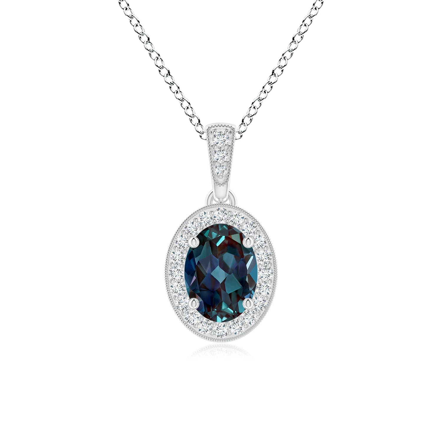 7x5mm Labgrown Vintage Style Oval Lab-Grown Alexandrite Pendant with Diamond Halo in 18CT White Gold