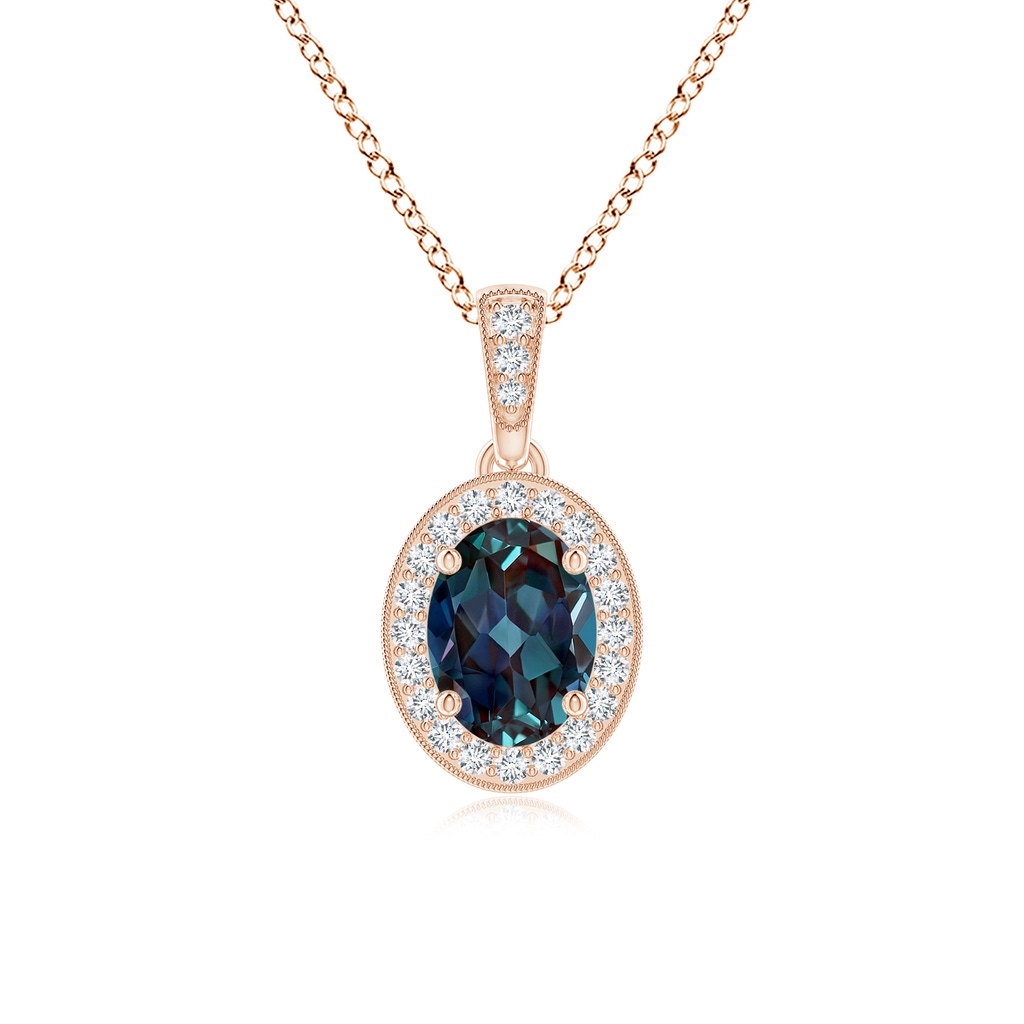 7x5mm Labgrown Vintage Style Oval Lab-Grown Alexandrite Pendant with Diamond Halo in Rose Gold