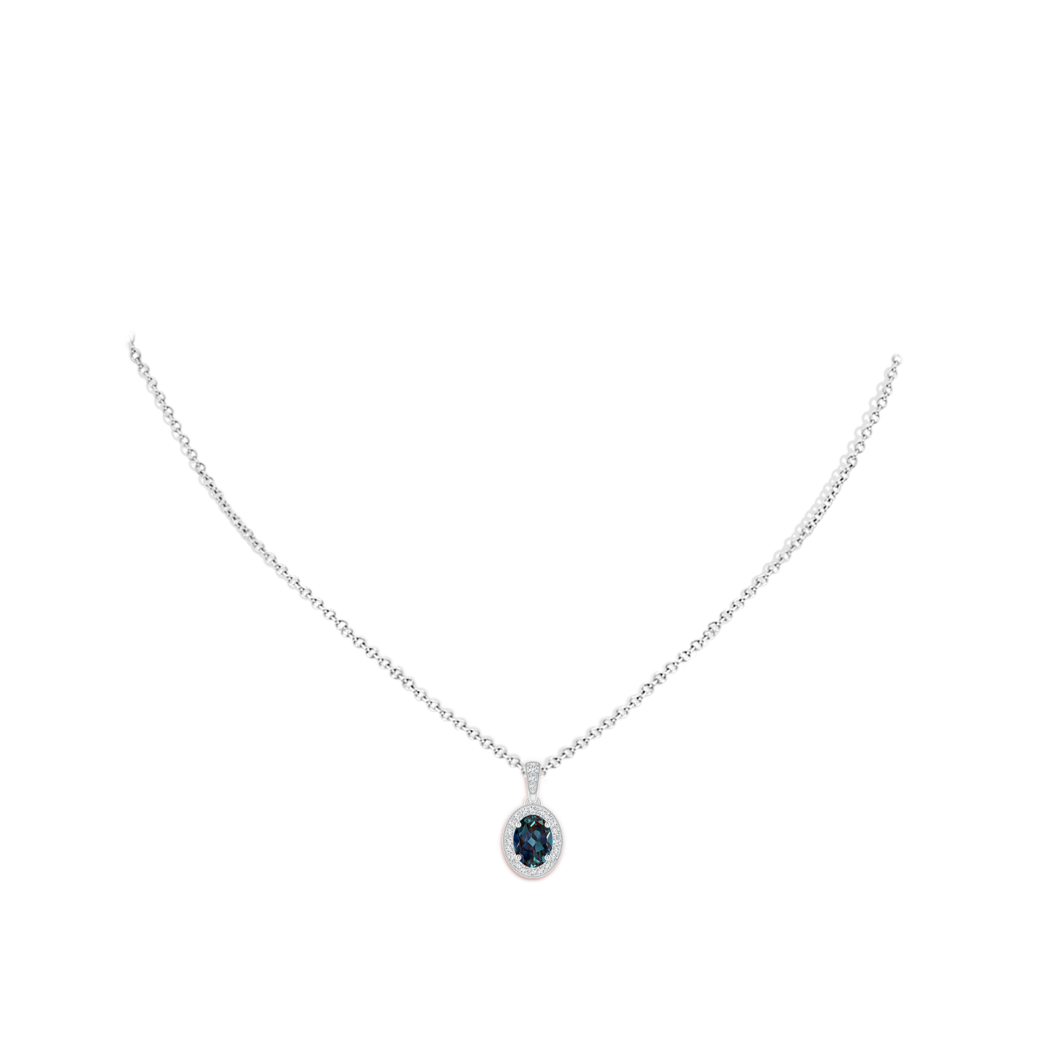 7x5mm Labgrown Vintage Style Oval Lab-Grown Alexandrite Pendant with Diamond Halo in White Gold - body_neck