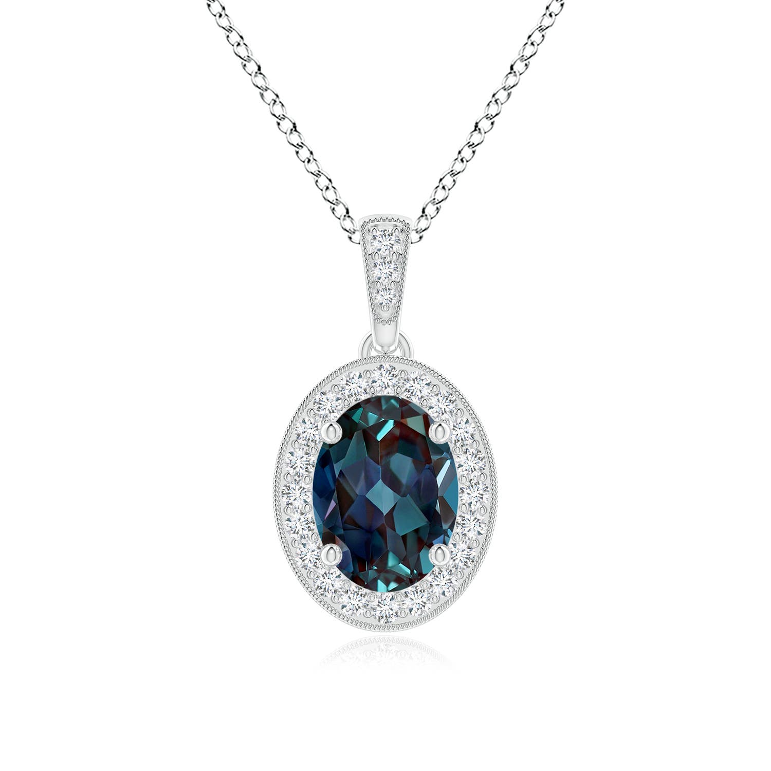 8x6mm Labgrown Vintage Style Oval Lab-Grown Alexandrite Pendant with Diamond Halo in 18K White Gold