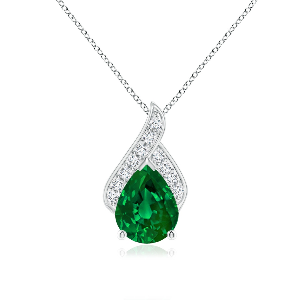 9x7mm Labgrown Lab-Grown Solitaire Pear-Shaped Emerald Flame Pendant in 18K White Gold