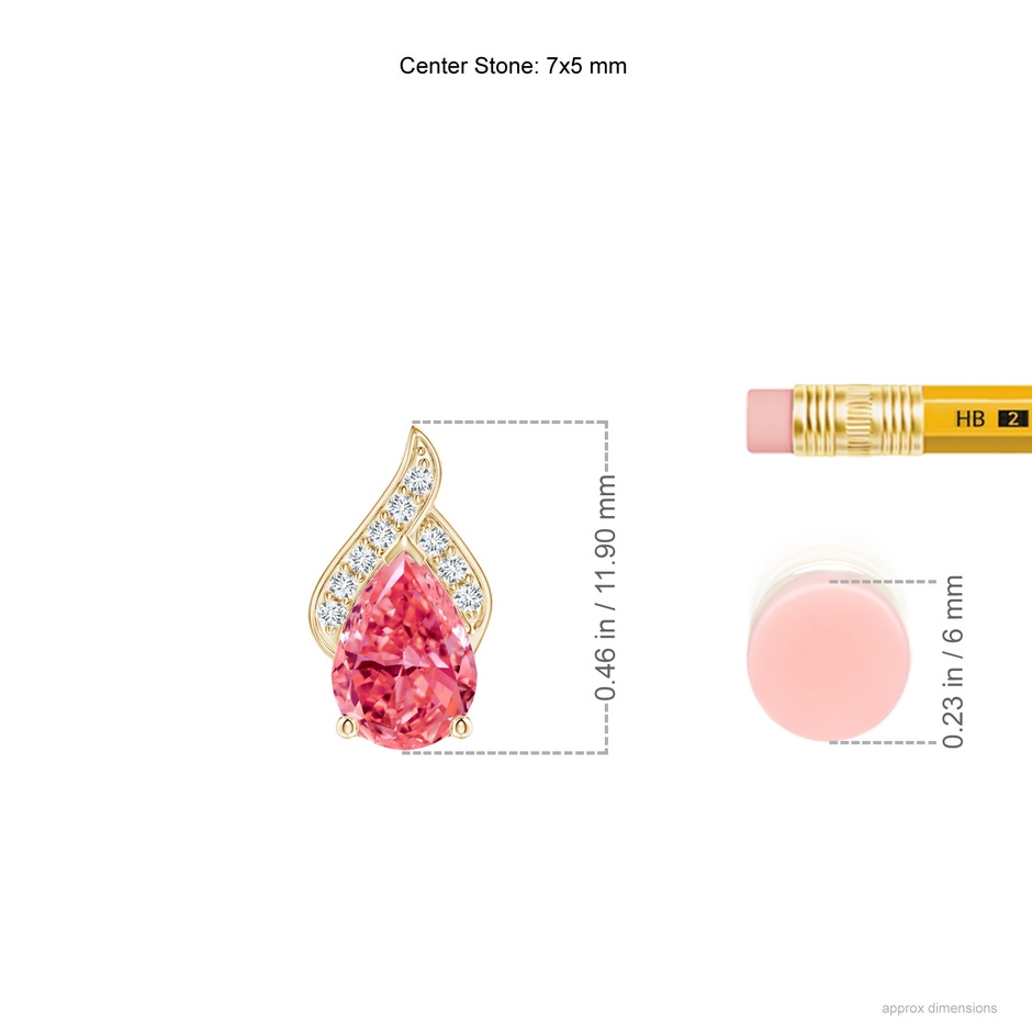 7x5mm Labgrown Solitaire Pear-Shaped Lab-Grown Fancy Intense Pink Diamond Flame Pendant in Yellow Gold ruler
