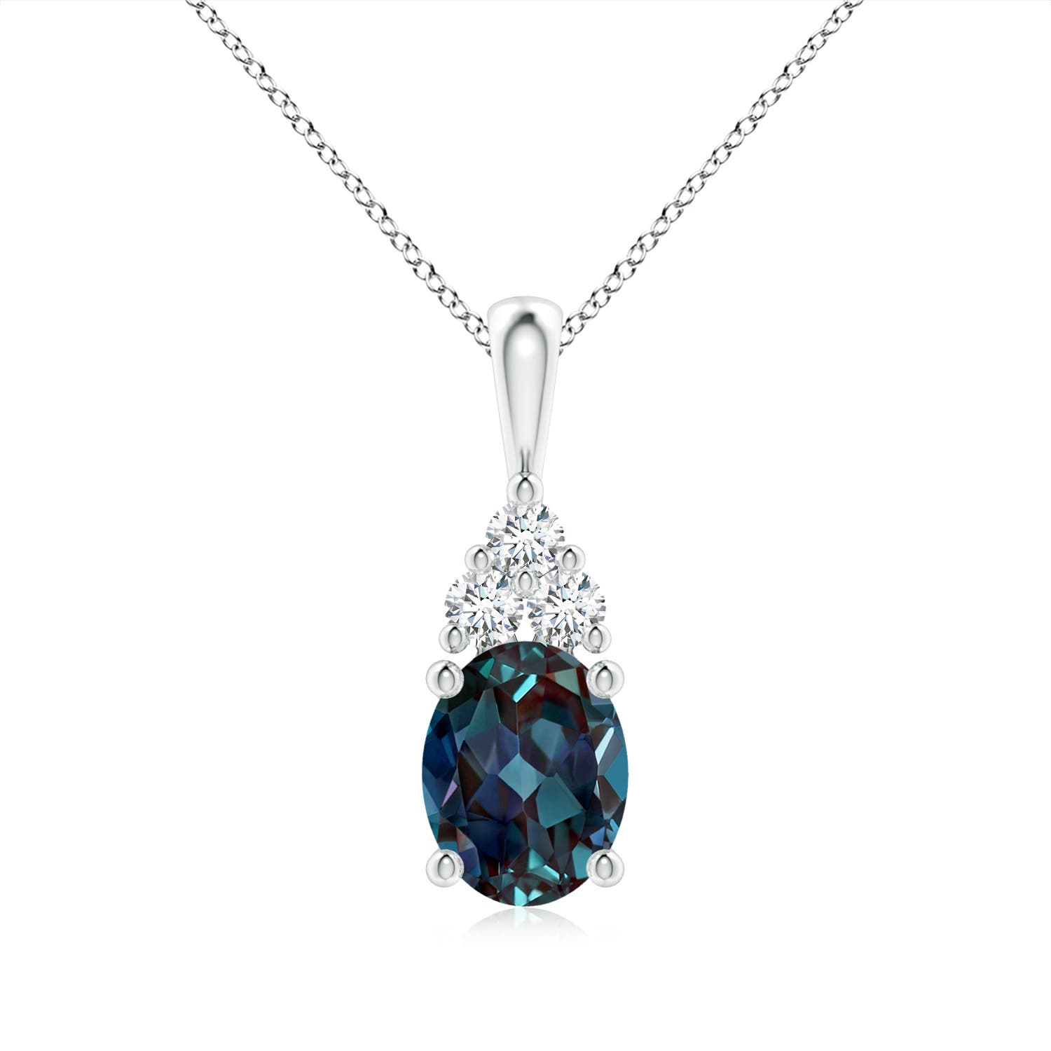 9x7mm Labgrown Oval Lab-Grown Alexandrite Solitaire Pendant with Trio Diamond in 18CT White Gold