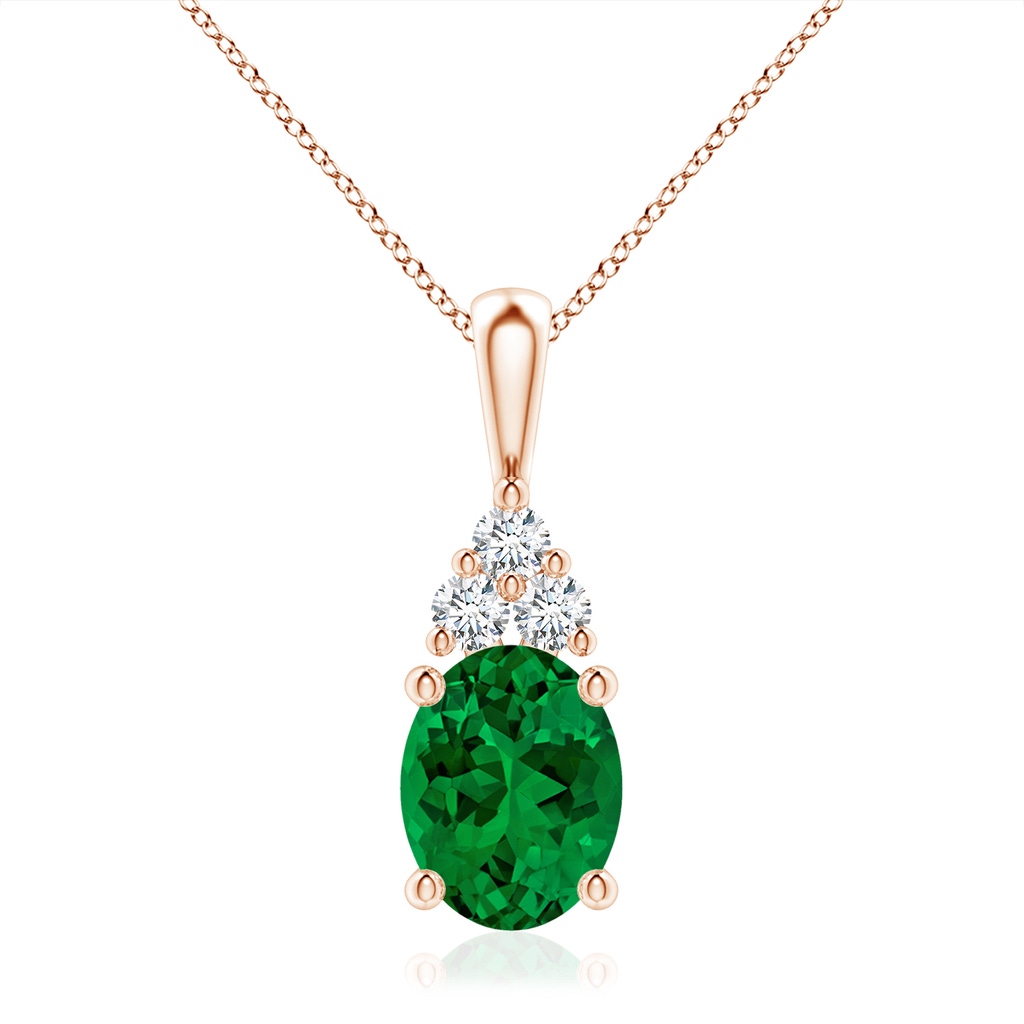 10x8mm Labgrown Lab-Grown Oval Emerald Solitaire Pendant with Trio Lab Diamond in Rose Gold