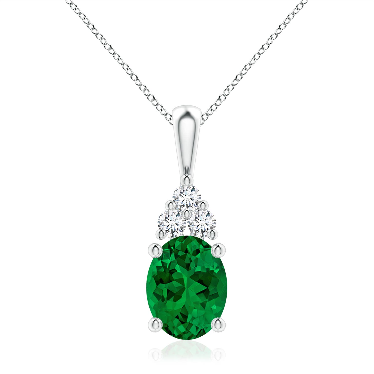 10x8mm Labgrown Lab-Grown Oval Emerald Solitaire Pendant with Trio Lab Diamond in S999 Silver